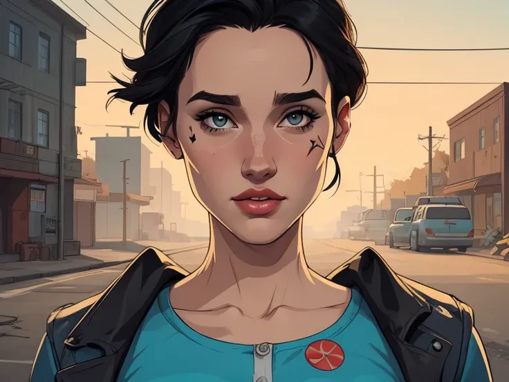 GTA style Cartoon style digital illustration GTA style young woman in luxury clothes Jennifer Connelly style Cartoon style digital illustration GTA style portrait mode Character woman atompunk style Fallout 4 black hair actress Ella Purnell with battle mar...