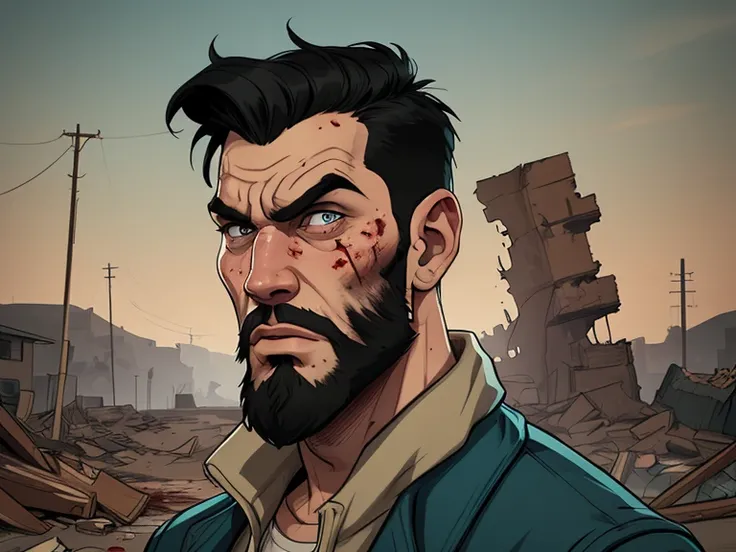 Man Style portrait Cartoon style digital illustration GTA style Fallout 4 survivor wearing refuge 101 uniform, He has black hair and a beard, he has an expression of anger and is stained with blood from battle, the scenery and destruction around him, Carto...