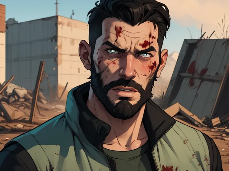 Man Style portrait Cartoon style digital illustration GTA style Fallout 4 survivor wearing refuge 101 uniform, He has black hair and a beard, he has an expression of anger and is stained with blood from battle, the scenery and destruction around him, Carto...