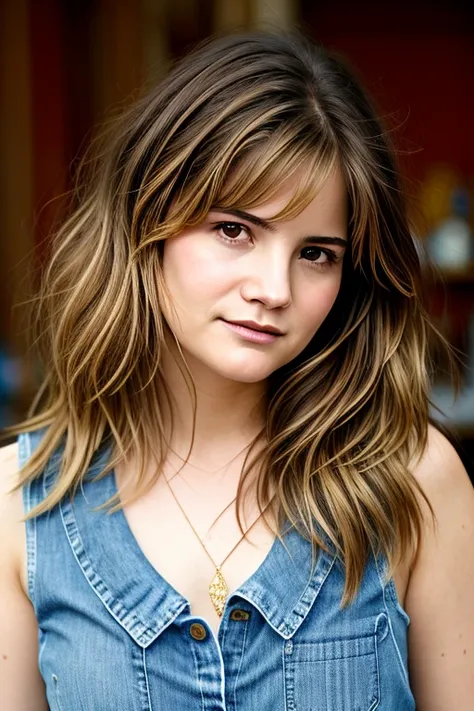 un retrato realista de jennifer jason leigh con ojos marrones y cabello largo y rizado rubio, en una escuela al lado de un casillero , detallado face, detallado eyes, sonriente, cuerpo delgado perfecto, model shoot style, mano en el propio hombro, vistiend...