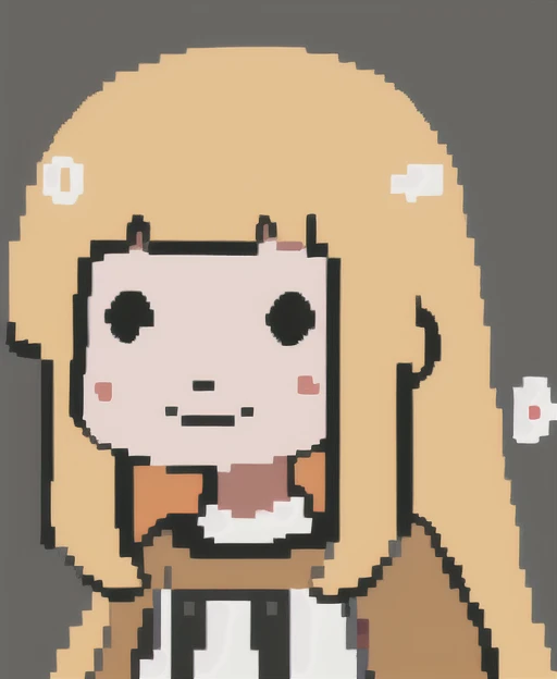 blonde hair, long hair, blunt bangs, dot eyes,
Smile, pixel art