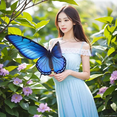 (best quality,4k,8k,highres,masterpiece:1.2),ultra-detailed,(realistic,photorealistic,photo-realistic:1.37),blue butterfly,illustration,delicate wings,garden scenery,lush greenery,vibrant flowers,subtle sunlight,butterfly in mid-air,dainty creature,floatin...