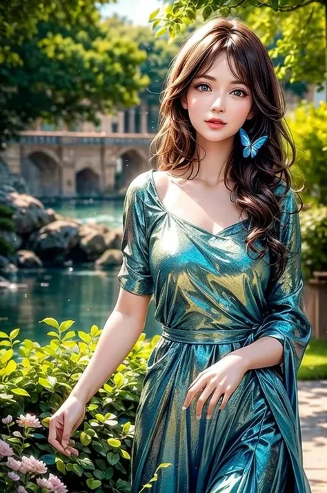 (best quality,4k,8k,highres,masterpiece:1.2),ultra-detailed,(realistic,photorealistic,photo-realistic:1.37),oil painting,detailed facial features,girl,blue butterfly tattoo,blue butterfly on finger,feminine,serene expression,flowing dress,standing graceful...