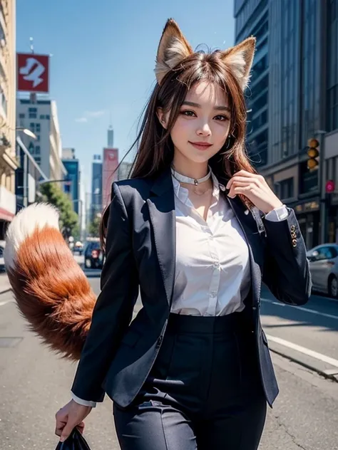 ((highest quality, 32k)), ((masterpiece)), (Get used to it), Perfect Face, Fox Girl, Beautiful woman, public, There is a tail, she has a fox tail, She wags her fluffy tail, smile, collar, She wears a business suit, Beautiful hip line, A tail sticking out f...