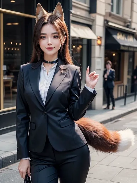 ((highest quality, 32k)), ((masterpiece)), (Get used to it), Perfect Face, Fox Girl, Beautiful woman, public, There is a tail, she has a fox tail, She wags her fluffy tail, smile, collar, She wears a business suit, Beautiful hip line, A tail sticking out f...