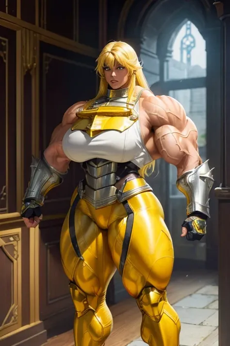 ((((Massive beautiful, buff, light brown skinned muscular paladin woman with yellow hair, black lipstick, ginormous bulky muscles and wearing full gleaming yellow paladin armored suit with tight pants)))), (close view), vascular, massive muscle, massive bi...