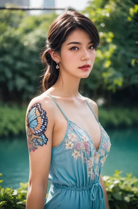 (best quality,highres,masterpiece:1.2),realistic,portrait,girl,blue butterfly tattoo on chest,large blue butterfly on finger,full body,beautiful flower,river side,oil painting,ultra-detailed,vivid colors,soft lighting,dreamy atmosphere