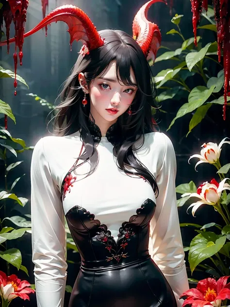 demongirl,detailed eyes and face,long eyelashes,beautiful lips,[anatomically correct],demon wings,black horns,red glowing eyes,demonic aura,dark atmosphere,[graceful and alluring pose],enchanted garden background,[oil painting],[best quality],ultra-detaile...