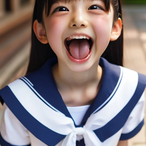 Japanese,10 years old,Ahegao,Ecstasy face,Summer Sailor Uniform,mini skirt,whole body,Look Up,Open your mouth wide,Sticking out tongue,cute