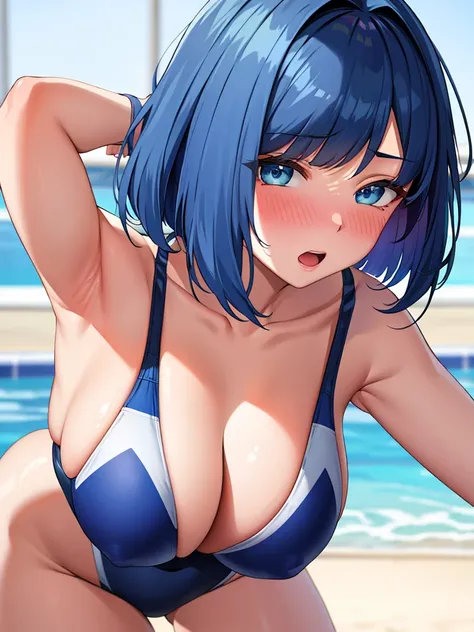 masterpiece, ultra-detailed, best quality, extremely detailed, 8k, high res, realistic, 1girl, 18yo, beautiful girl, (half closed eyes),(narrowed eyes:1.2),(open mouth), (blush:1.2),(competitive swimwear:1.4),blue beautiful eyes, medium bob hair, (asymmetr...