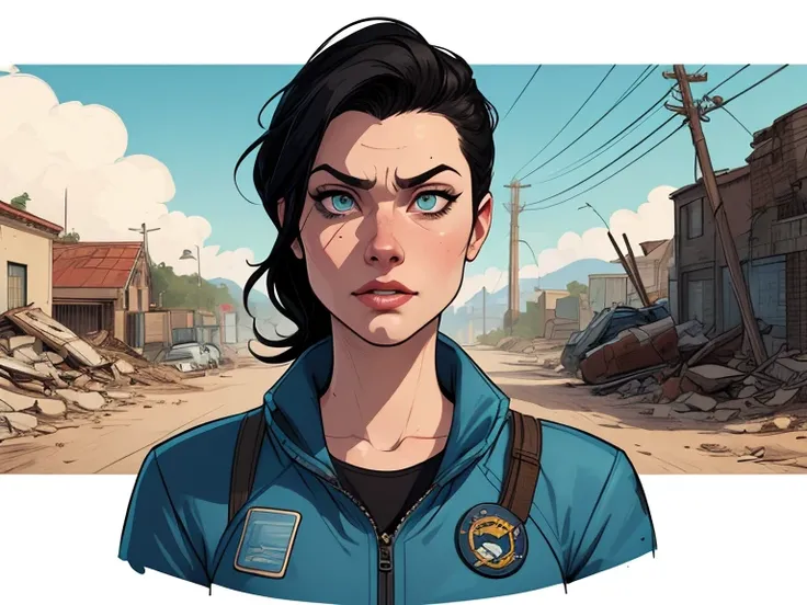  Create a Man and a woman together strong Viking style Portrait style Cartoon style digital illustration GTA style Fallout 4 survivor wearing police uniform , He has black hair and a beard, he has an expression of anger and is stained with blood from battl...