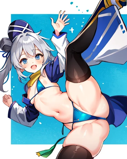 mononobe no futo, One Woman, Long sleeve, Sleeves edged with ribbon, Gray Hair, blue eyes, Proud face,
Underbust,  Small breasts,Butt,Thighs,Plump，milk,Underarm，vapor，Jump,Low Angle，Please spread it with your hands,No underwear,smile,Micro Bikini,Spread yo...