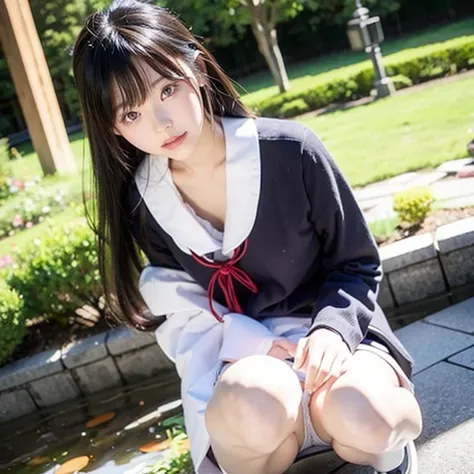 highest quality, Ultra-high resolution, Highly detailed skin, Physically Based Rendering,Down blouse,((from below))) ,(((Young face of 18 years old,Japanese high school girl、Place both hands on the ground、Leaning forward,naked,No bra)))(((panty shot.showin...