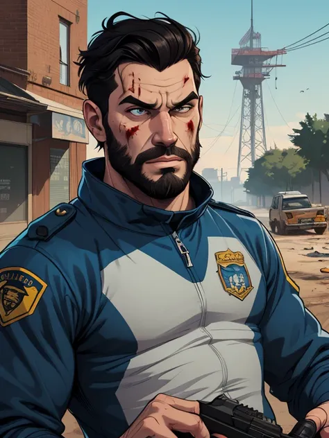 Strongman revolver model 38 Viking style astronaut uniform Portrait style Cartoon style digital illustration GTA style Fallout 4 survivor wearing police uniform , He has black hair and a beard, he has an expression of anger and is stained with blood from b...