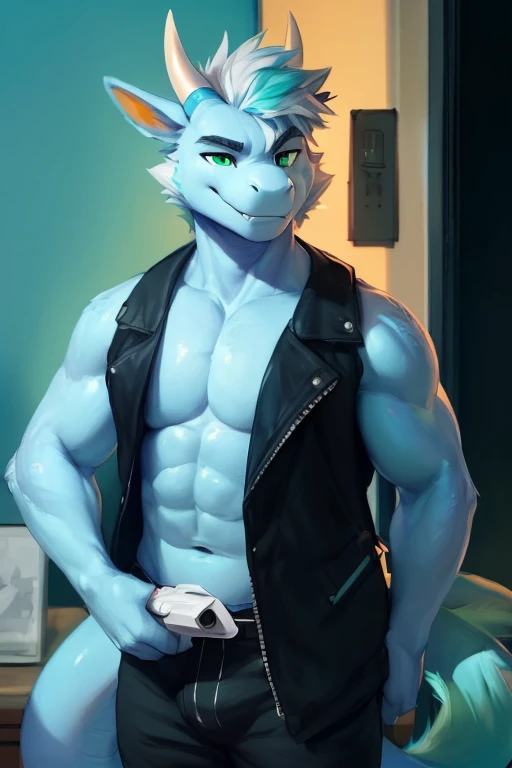  (( holding a gun ip too his chest , A male light blue skin Anthropomorphic demon-dragon lizard with a cyan  color scheme with blue skin and horns that have green ends, and he also has blueish white hair, green eyes, muscular and a tail with a hand on it, ...