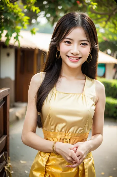 beautiful detail, best quality, 8k, highly detailed face and skin texture, high resolution, cute asian girl in thai traditional dress with smile at street, sharp focus