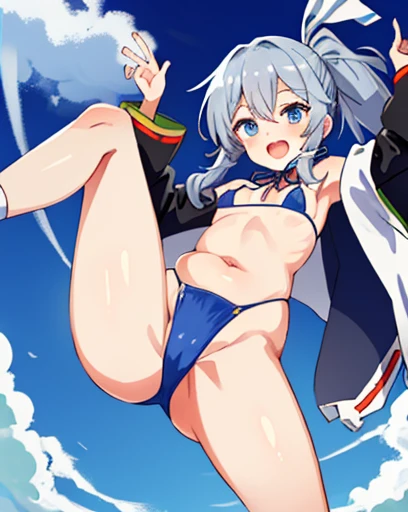 mononobe no futo, One Woman, Long sleeve, Sleeves edged with ribbon, Gray Hair, blue eyes, Proud face,
Underbust,  Small breasts,Big Ass,Thighs,Plump，milk,Underarm，vapor，Jump,Low Angle，Please spread it with your hands,No underwear,smile,Micro Bikini,Spread...