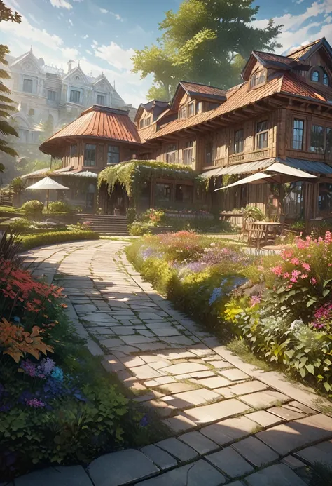 Ultra-Real 8K, Super detailed, ((no man)), (Hyper Detail, Dynamic Camera), (Wide-angle), (Vivid colors and saturation), (Trending on Artstation),anime style, garden, Outdoor, Western style, Luxury House