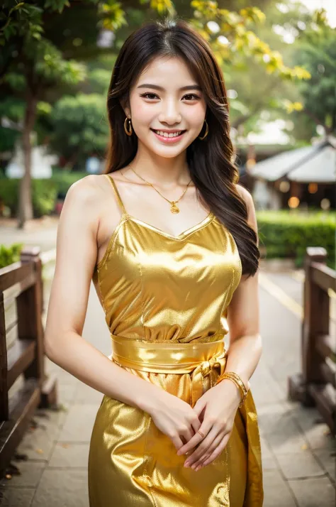 beautiful detail, best quality, 8k, highly detailed face and skin texture, high resolution, cute asian girl in thai traditional gold dress with smile at street, full body, sharp focus