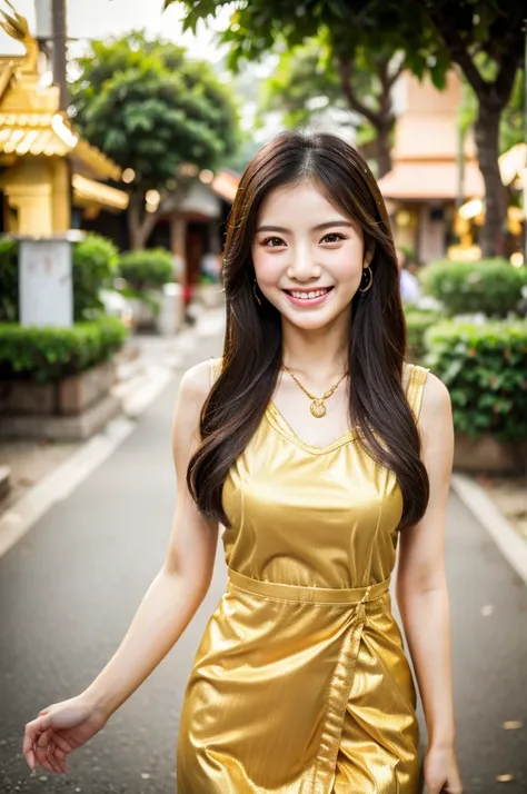 beautiful detail, best quality, 8k, highly detailed face and skin texture, high resolution, cute asian girl in thai traditional gold dress with smile at street, full body, sharp focus