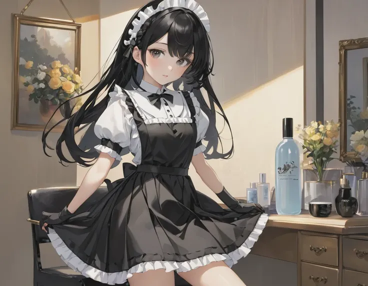 (masterpiece, highest quality, highest quality, Official Art, Cosmetology and aesthetics: 1.2), A cross-dressing boy with shoulder-length black hair and a short skirt wearing a maid&#39;s uniform、Cute, delicate and short、whole body、Front, back and side vie...