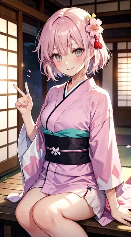 sakura hair，grey eyes，，short hair，beautiful woman，escape，，sakura kimono，，blush，smile，soji okita（destiny）japanese-style room