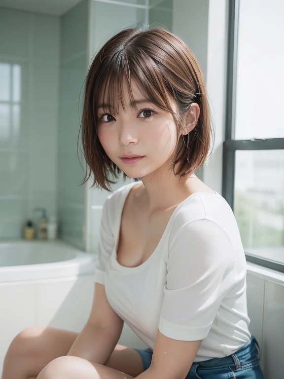 ((of the highest quality, 8K, masutepiece: 1.3, Raw photo)), Sharp Focus: 1.2, (1 AESPA Girl: 1.2), (Realistic, Photorealistic: 1.37), (Face Focus: 1.1), Cute face, Small breasts, medium chest, Short messy hair, (Wet white shirt: 1.1), Wet body, Sitting ba...