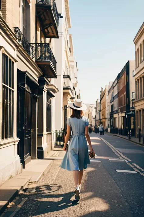 Back view girl walking in old London with medium sized buildings and coffee tables on the street, Light blue summer dress with white polka dots, Wearing a white hat, be familiar with, Cinematic lighting, Golden sky like a sunset