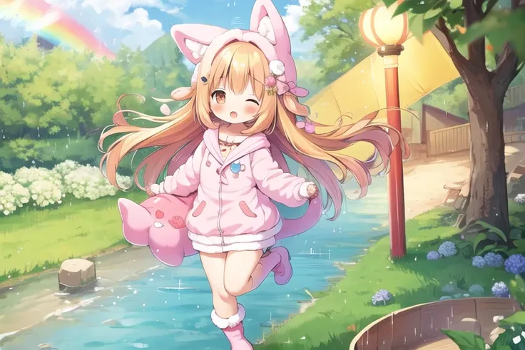 (masterpiece, highest quality:1.1), One girl, Flat Chest, Nina Ichihara, Animal Costumes, Orange eyes, Happy, 
Orange Hair, Outdoor, running, close your eyes, Animal Food, rainbow,raincoat,rubber boots,Hydrangea,flower,boots,blush,hair ornaments,teruterubo...