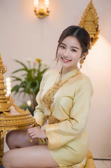 beautiful detail, best quality, 8k, highly detailed face and skin texture, high resolution, cute asian girl in thai traditional dress with smile at thai temple, full body, sharp focus