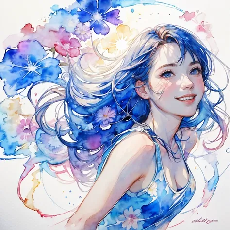 8k,masterpiece,highest quality, From below , From below ,Dynamic pose,30 years old, 1 girl, Portraiture, Floral, Watercolor sketch, Light, Long Hair, Reaching out,smile, Watercolor (Moderate),Watercolor,Tank top