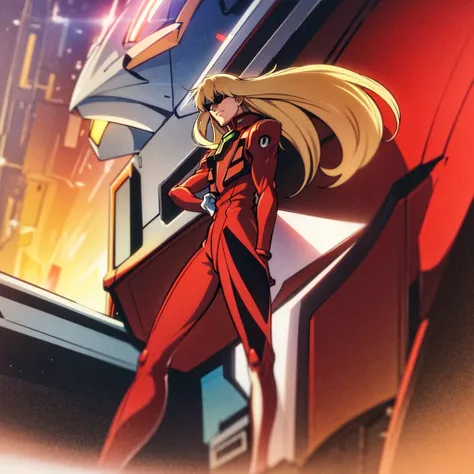 marvel, comic panel, Char Aznable from Gundam series, man, 21 years, long hair blonde middle part hairstyle, pale white skin, blue eyes, wearing a red suit pilot clothing like neon genesis evangelion, white gloves, in a dark atmosphere, hd quality image, a...