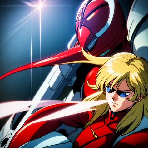 marvel, comic panel, Char Aznable from Gundam series, man, 21 years, long hair blonde middle part hairstyle, pale white skin, blue eyes, wearing a red suit pilot clothing like neon genesis evangelion, white gloves, in a dark atmosphere, hd quality image, a...