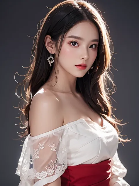 Portraiture、White background、Professional Lighting、Backlight、Off the shoulder、Lace fabric 1.5、Transparent skin quality、Transparent skin tone、Beautiful Skin、Red lips、Transparent lace dress、Full body photo、Looking at the audience、