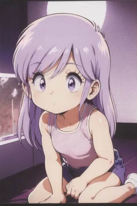 corona,very young ,little,light purple hair,isress,retro artstyle,one girl,一人in,1980s \(style\),looking_in_audience,:is,