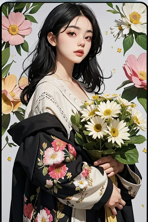 natural girl with black hair and right side pose, flowery background.