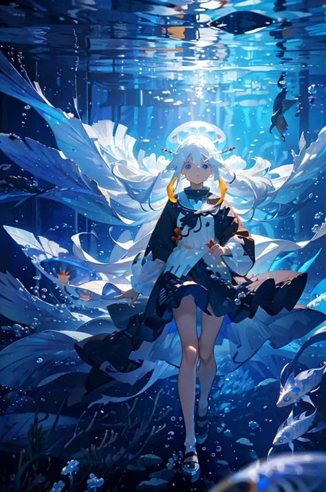 (Pieces fly), (highest quality), Very detailed, 1 girl, Solo full body shot, Perfect Face, beautiful girl, Very detailed顔，(Long white hair:1.5)，(blue eyes:1.4)，(Floating Hair:1.4)，(Underwater:1.4)，sink，Fish school，Light，jellyfish，Seaweed，Red fish，Yellow fi...