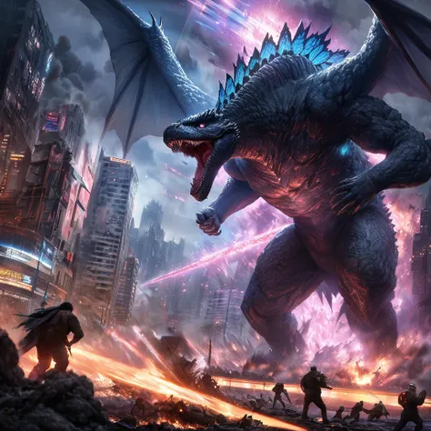 (best quality,ultra-detailed,realistic:1.37),Godzilla,neon Blue Butterfly,city destruction,towering skyscrapers,giant monster,huge wings,glowing body,nighttime scene,chaos,emerging from the ocean,dramatic confrontation,epic battle,threatening presence,city...