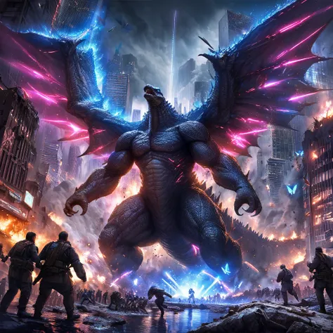 (best quality,ultra-detailed,realistic:1.37),Godzilla,neon Blue Butterfly,city destruction,towering skyscrapers,giant monster,huge wings,glowing body,nighttime scene,chaos,emerging from the ocean,dramatic confrontation,epic battle,threatening presence,city...