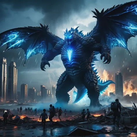 (best quality,ultra-detailed,realistic:1.37),Godzilla,neon Blue Butterfly,city destruction,towering skyscrapers,giant monster,huge wings,glowing body,nighttime scene,chaos,emerging from the ocean,dramatic confrontation,epic battle,threatening presence,city...