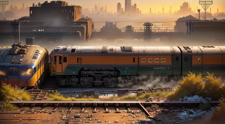 a close up of a railway track,  grimy streets backdrop, beautiful detailed pixel art, city ruins background, ruined cityscape, railway background, background is a city in ruins, post - apocalyptic railway, outdoors ruined cityscape, detailed pixel art, des...