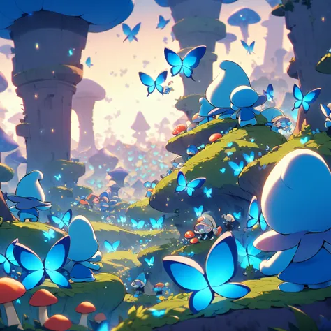 Smurfs play is a mushroom village, they are setting out food for the swarm of phosphorescent Blue Butterflies which have swarmed their village.