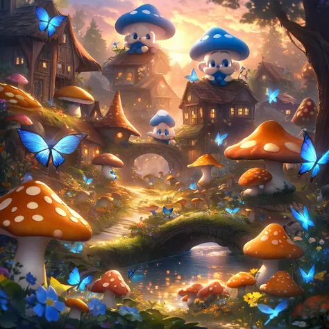 A mushroom village in the forest, with colorful houses made of mushrooms surrounded by lush greenery. The village is filled with vibrant flowers and sparkling streams. The Smurfs, small blue creatures, are busy preparing food for a swarm of phosphorescent ...