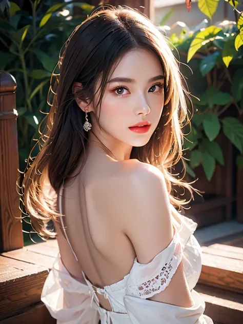 Portraiture、White background、Professional Lighting、Backlight、Off the shoulder、Lace fabric 1.5、Transparent skin quality、Transparent skin tone、Beautiful Skin、Red lips、Tabletop