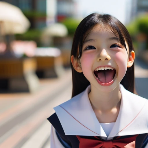 Japanese,10 years old,Summer Sailor Uniform,mini skirt,whole body,Look Up,Looking up,Cross-eyed,Open your mouth wide,Sticking out tongue,Showing tongue,cute