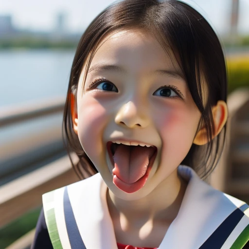 Japanese,10 years old,Summer Sailor Uniform,mini skirt,whole body,Look Up,Looking up,Cross-eyed,Open your mouth wide,Sticking out tongue,Showing tongue,cute