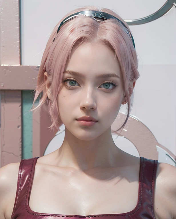 young woman, short shoulder-length pink hair, wide forehead, porcelain skin, pink eyebrows, big emerald green eyes, buttoned nose, full lips, heart-shaped face, slender body, small breasts, maroon leather tank top, Sakura Haruno, realistic, Realism, detail...