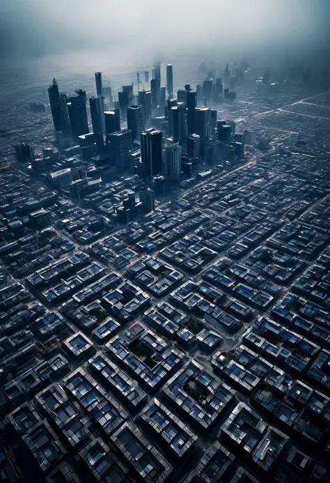 aerial image of an ultra futuristic North American megalopolis, view of the entire city with many buildings and houses in dark colors from dark blue to black, a cidade tem tons de cinza, has smoky structures, industrial environment with smoke and fog aroun...