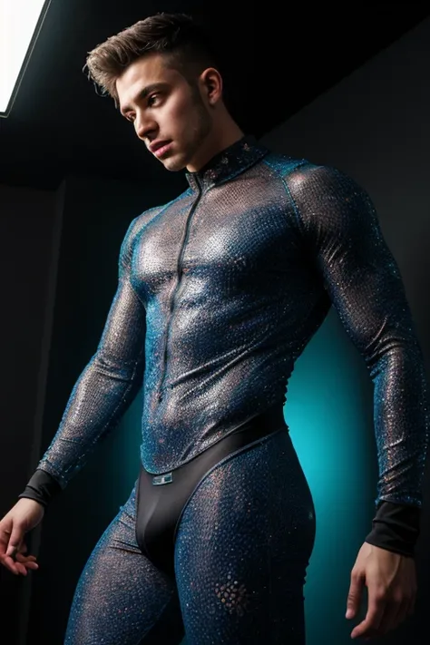 20 years old man, stubble, wearing transparent see-through futuristic clothes, breathtaking grandeur, LED internal lighting, cyberpunk style, fibre optic hair, glowing blue iris, muscular, best quality, masterpiece, intricate details, dynamic pose, dynamic...