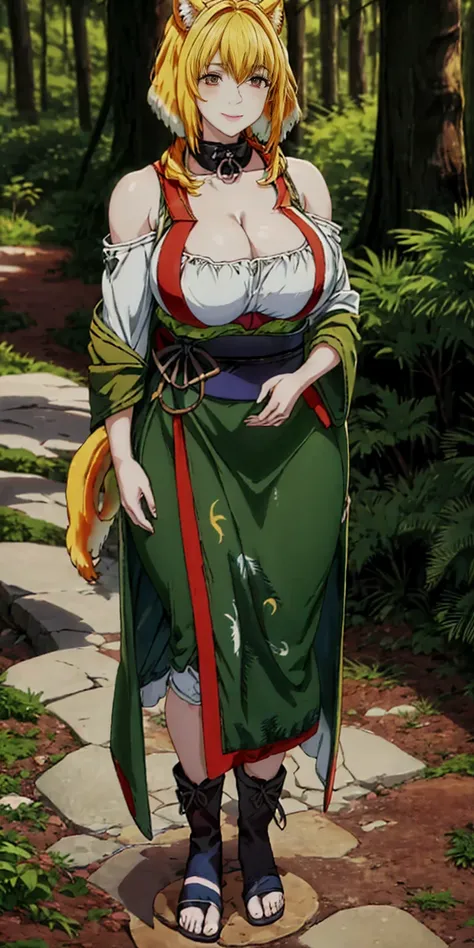 (japanese girl), ((fluffy dog ears)), ((very muscular)), huge breast, animal print clothes, ((blonde hair)), thick eyebrow, (Japanese ONI), in a forest in japan, Japanese clothes, smirking lustful smile, full body of a woman in a dress with a veil, feet to...